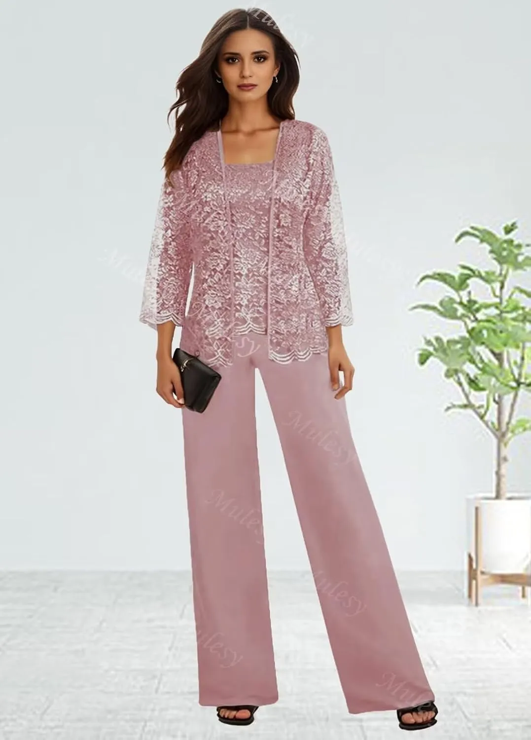 3 Pieces Mother of The Bride Pant Suits for Wedding with Jacket Lace Chiffon Outfit Formal Pantsuits for Women Dressy