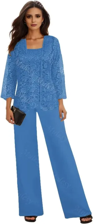 3 Pieces Mother of The Bride Pant Suits for Wedding with Jacket Lace Chiffon Outfit Formal Pantsuits for Women Dressy