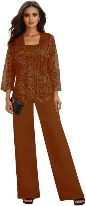 3 Pieces Mother of The Bride Pant Suits for Wedding with Jacket Lace Chiffon Outfit Formal Pantsuits for Women Dressy