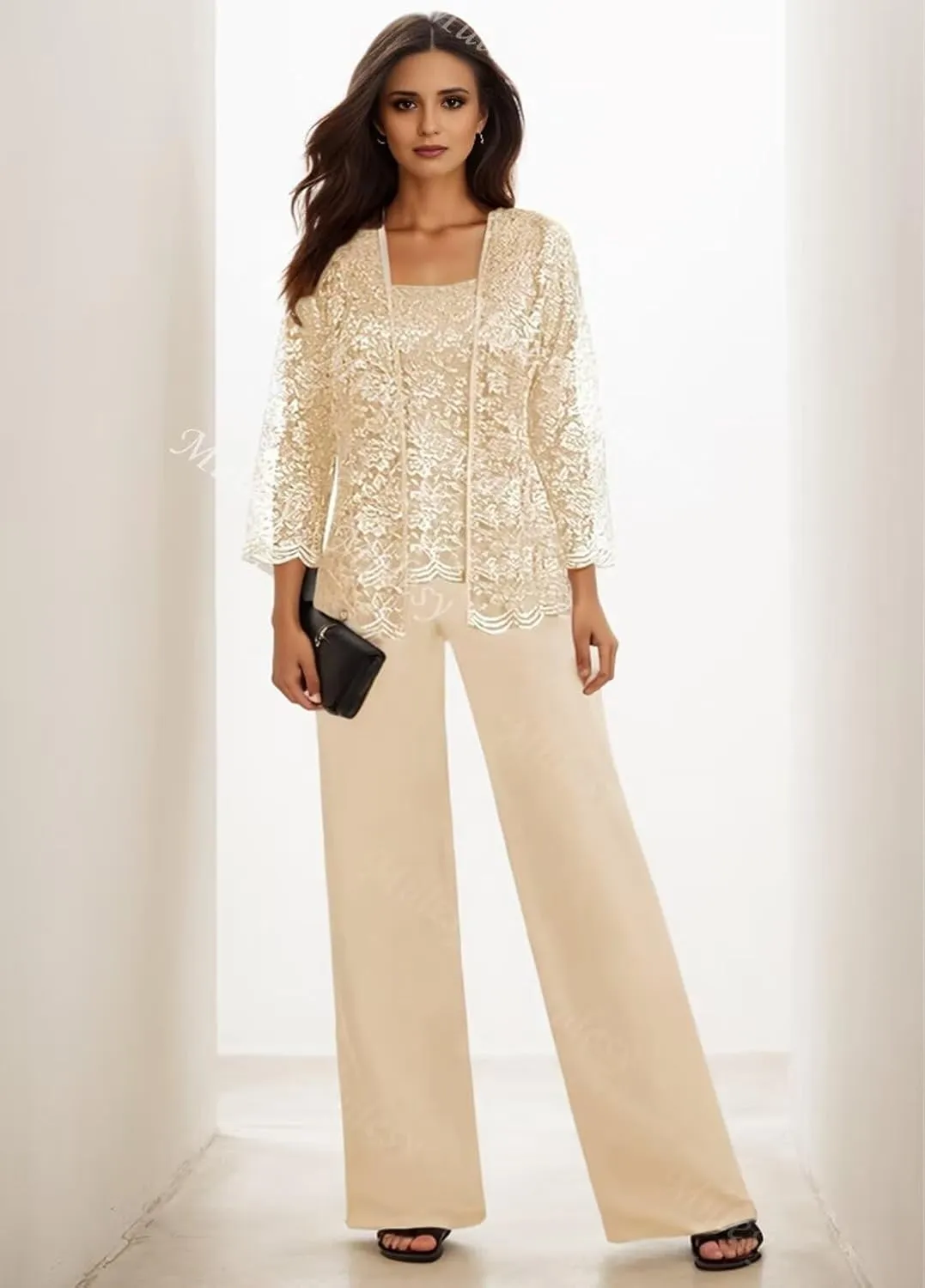3 Pieces Mother of The Bride Pant Suits for Wedding with Jacket Lace Chiffon Outfit Formal Pantsuits for Women Dressy