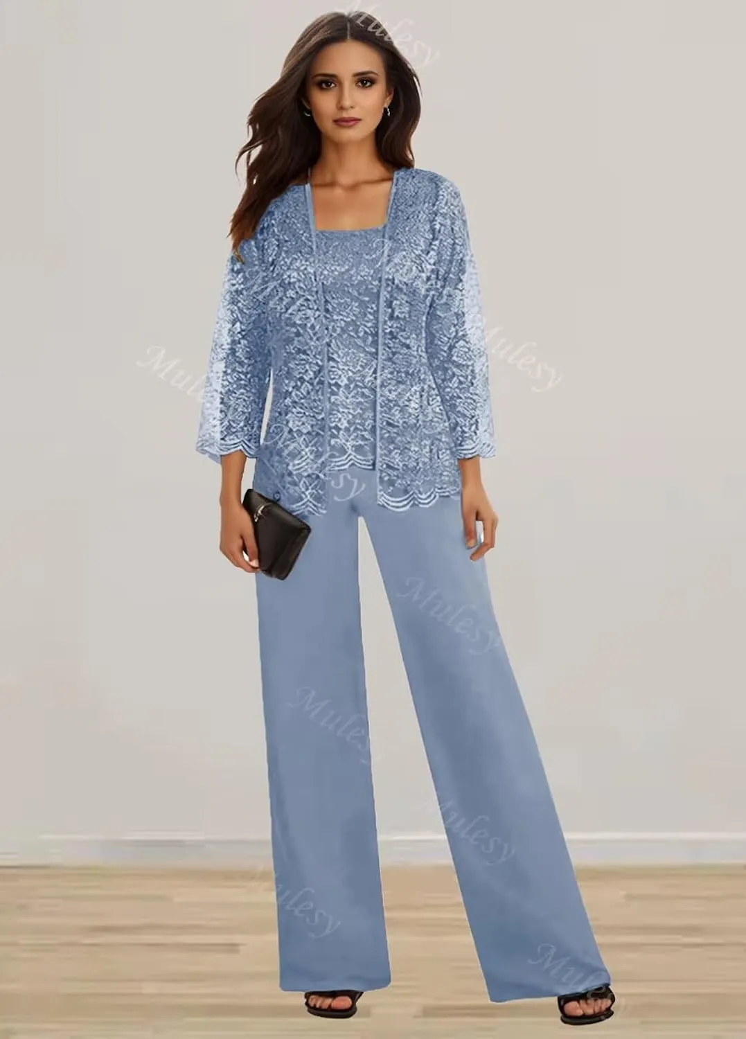 3 Pieces Mother of The Bride Pant Suits for Wedding with Jacket Lace Chiffon Outfit Formal Pantsuits for Women Dressy