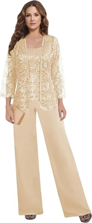 3 Pieces Mother of The Bride Pant Suits for Women Dressy with Jacket Long Sleeve Lace Chiffon Formal Wedding Outfit