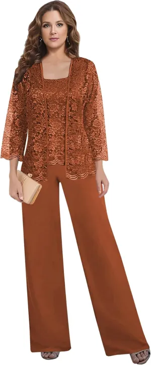 3 Pieces Mother of The Bride Pant Suits for Women Dressy with Jacket Long Sleeve Lace Chiffon Formal Wedding Outfit