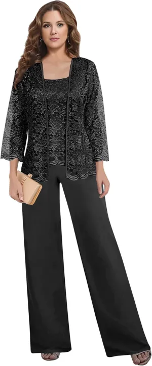 3 Pieces Mother of The Bride Pant Suits for Women Dressy with Jacket Long Sleeve Lace Chiffon Formal Wedding Outfit