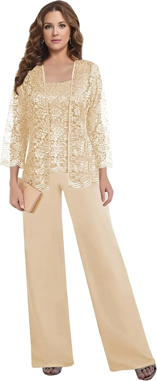 3 Pieces Mother of The Bride Pant Suits for Women Dressy with Jacket Long Sleeve Lace Chiffon Formal Wedding Outfit