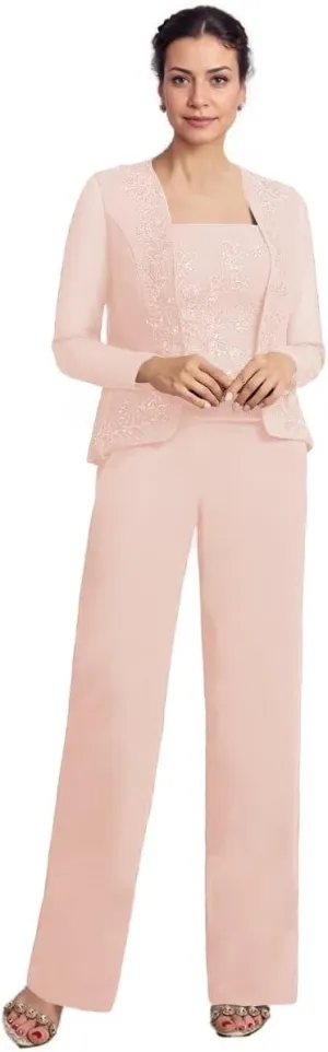 3 Pieces Mother of The Bride Pant Suits with Jacket Chiffon Appliques Formal Pant Suits for Women Wedding Guest Outfits