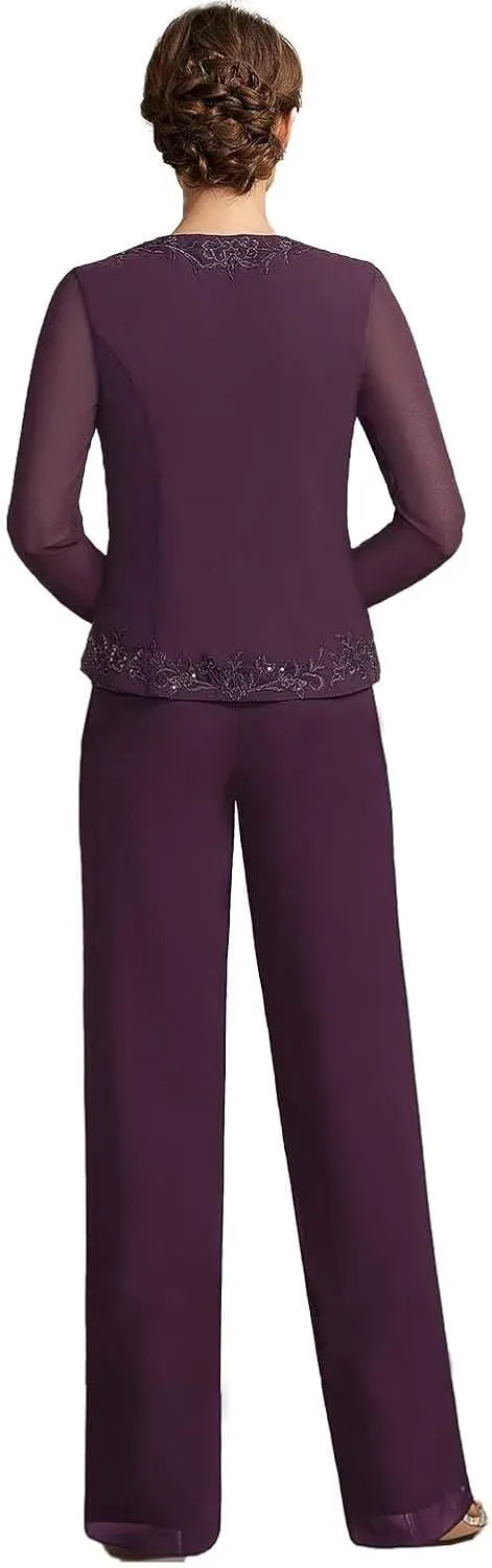 3 Pieces Mother of The Bride Pant Suits with Jacket Chiffon Appliques Formal Pant Suits for Women Wedding Guest Outfits
