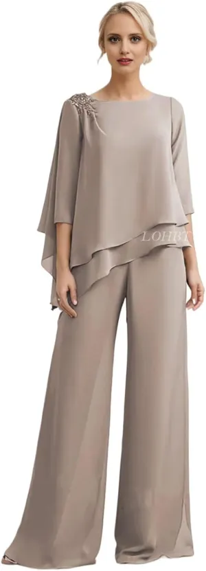 3/4 Sleeves Mother of The Bride Pant Suits for Wedding Tiered Lace Appliques Chiffon Long Formal Jumpsuits Sets