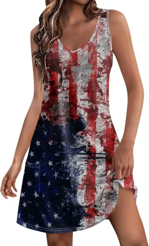 4th of July Patriotic Red White and Blue Dresses for Women 2024 Crewneck USA Flag Sleeveless Mini Sundress