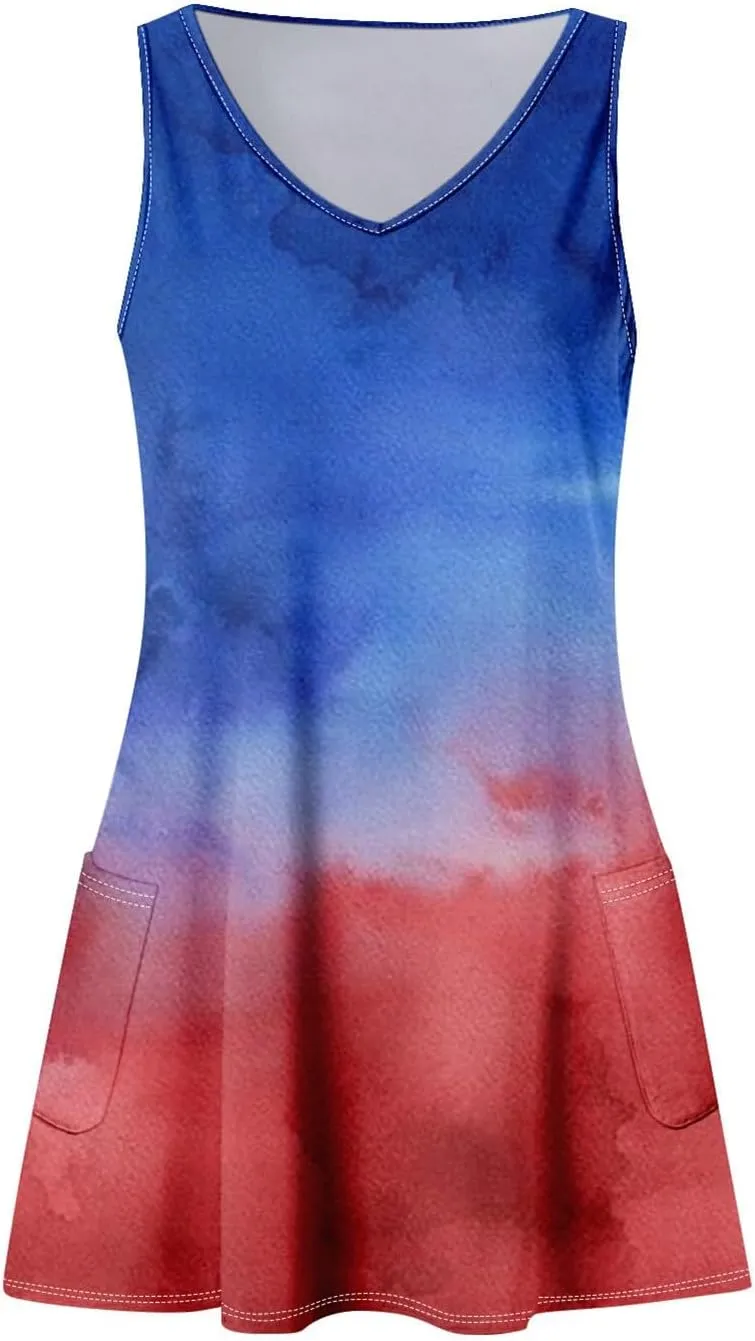 4th of July Patriotic Red White and Blue Dresses for Women 2024 Crewneck USA Flag Sleeveless Mini Sundress