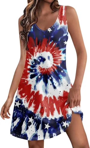 4th of July Patriotic Red White and Blue Dresses for Women 2024 Crewneck USA Flag Sleeveless Mini Sundress