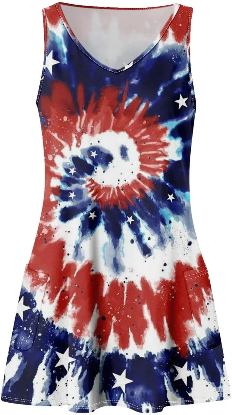 4th of July Patriotic Red White and Blue Dresses for Women 2024 Crewneck USA Flag Sleeveless Mini Sundress