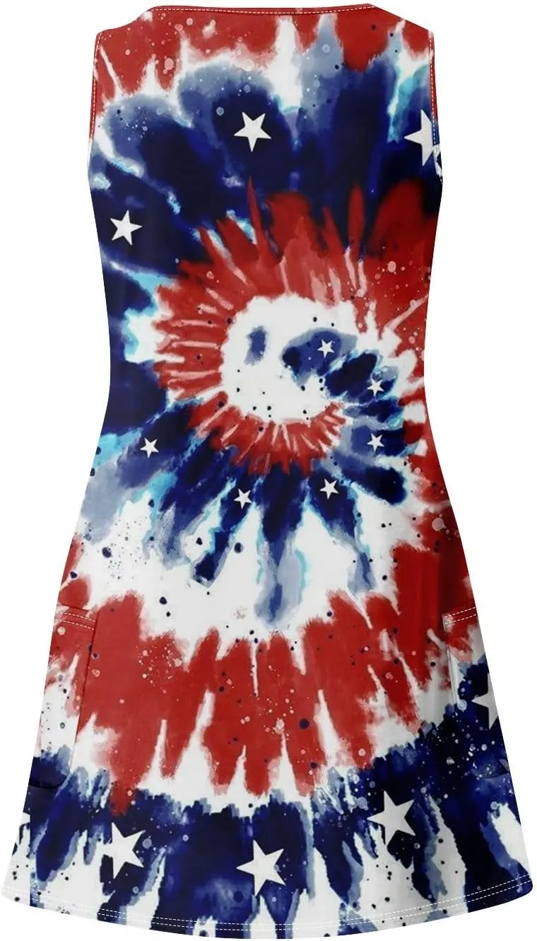 4th of July Patriotic Red White and Blue Dresses for Women 2024 Crewneck USA Flag Sleeveless Mini Sundress