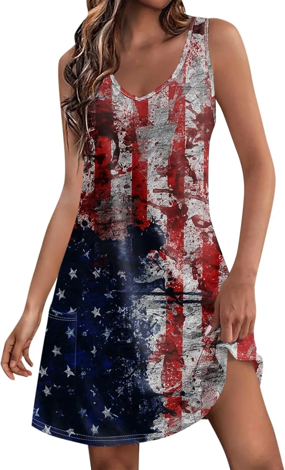 4th of July Patriotic Red White and Blue Dresses for Women 2024 Crewneck USA Flag Sleeveless Mini Sundress