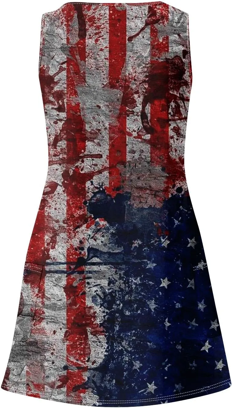 4th of July Patriotic Red White and Blue Dresses for Women 2024 Crewneck USA Flag Sleeveless Mini Sundress
