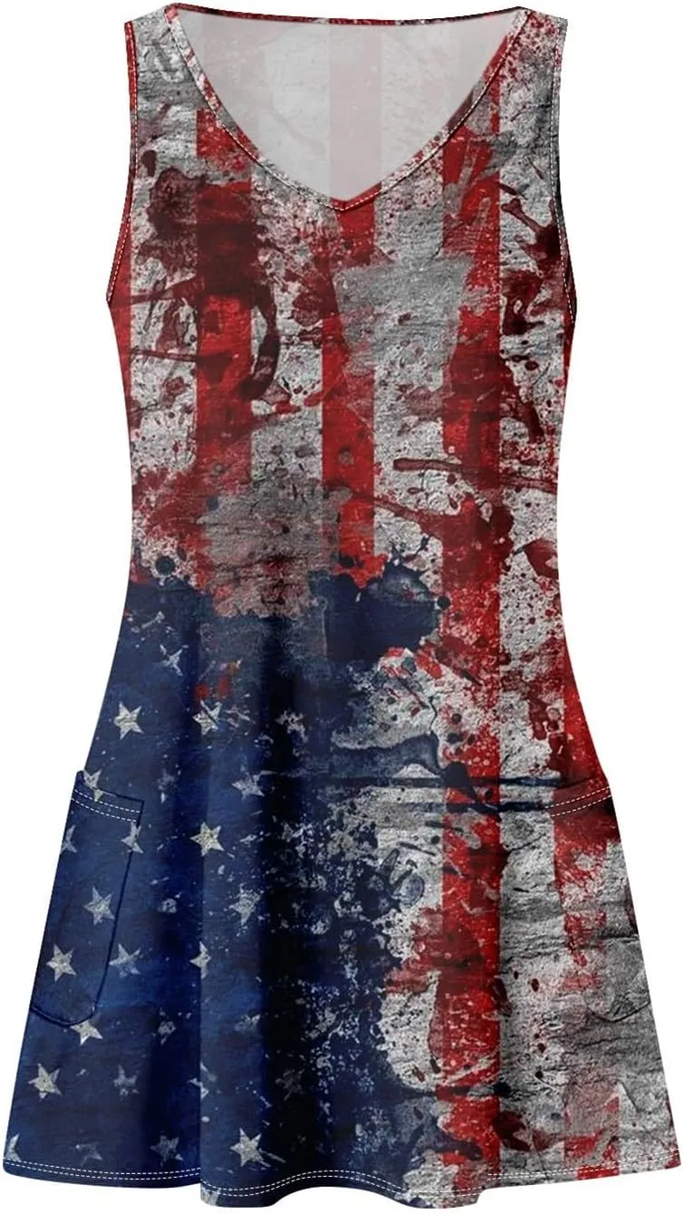 4th of July Patriotic Red White and Blue Dresses for Women 2024 Crewneck USA Flag Sleeveless Mini Sundress