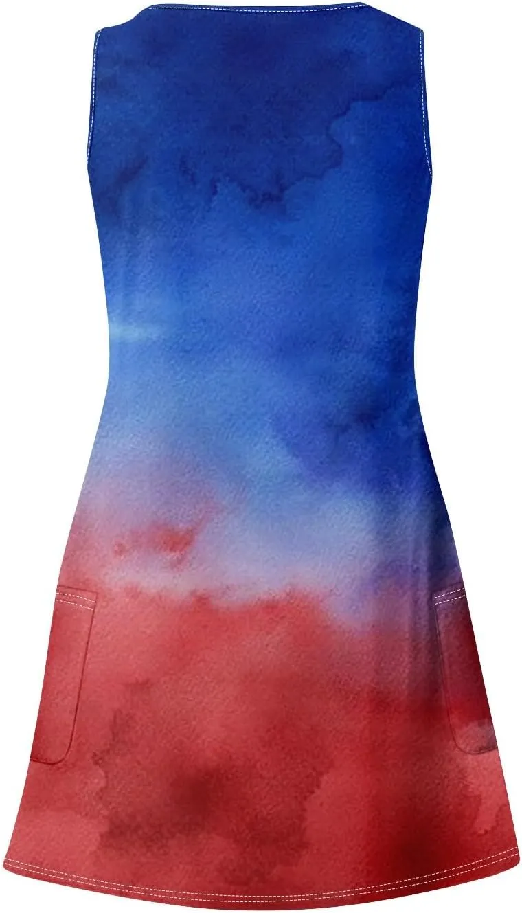 4th of July Patriotic Red White and Blue Dresses for Women 2024 Crewneck USA Flag Sleeveless Mini Sundress