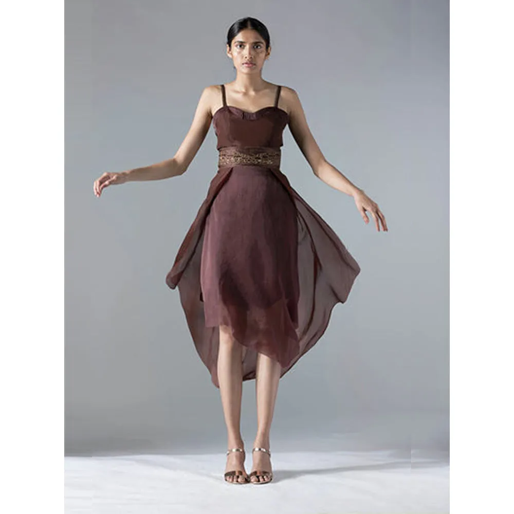 A Humming Way Brown Flared Corset Tea Length Dress