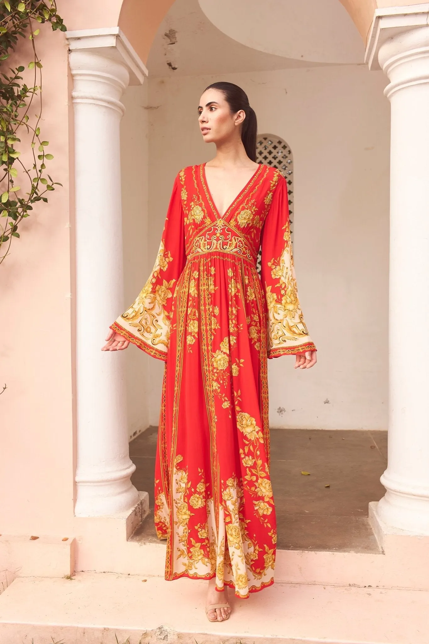 A NIGHT IN SHANGHAI MAXI DRESS W FLARED SLEEVES