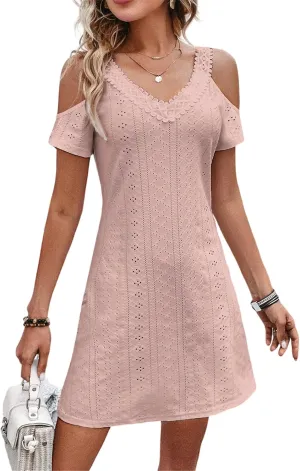 AELSON Womens Sexy Summer V Neck Dress Short Sleeve Off Shoulder Crochet A Line Dresses