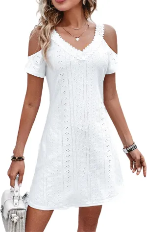 AELSON Womens Sexy Summer V Neck Dress Short Sleeve Off Shoulder Crochet A Line Dresses