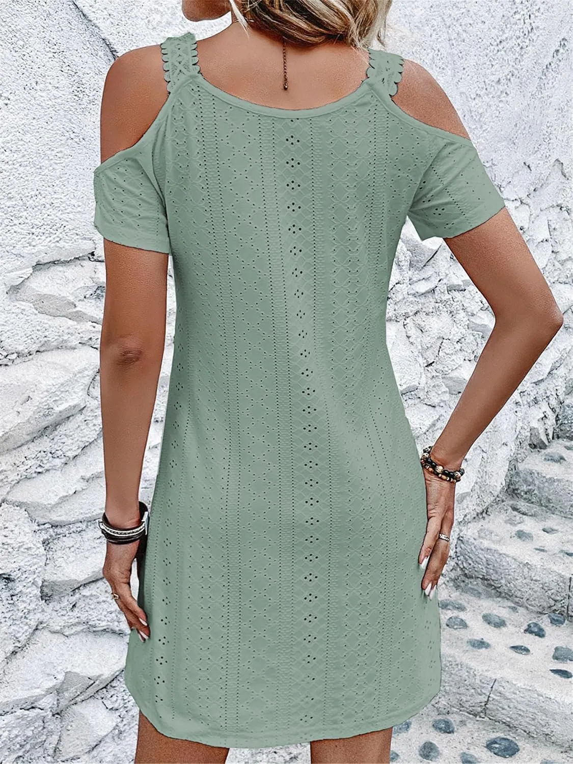 AELSON Womens Sexy Summer V Neck Dress Short Sleeve Off Shoulder Crochet A Line Dresses