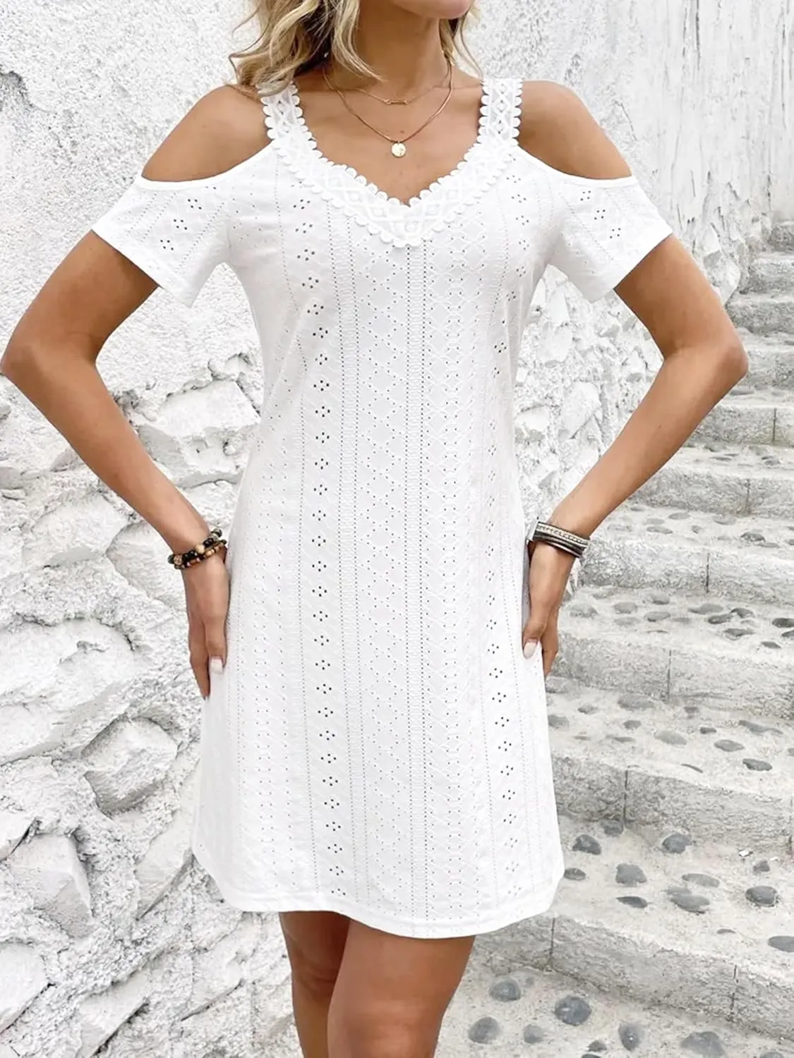 AELSON Womens Sexy Summer V Neck Dress Short Sleeve Off Shoulder Crochet A Line Dresses