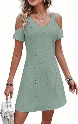 AELSON Womens Sexy Summer V Neck Dress Short Sleeve Off Shoulder Crochet A Line Dresses