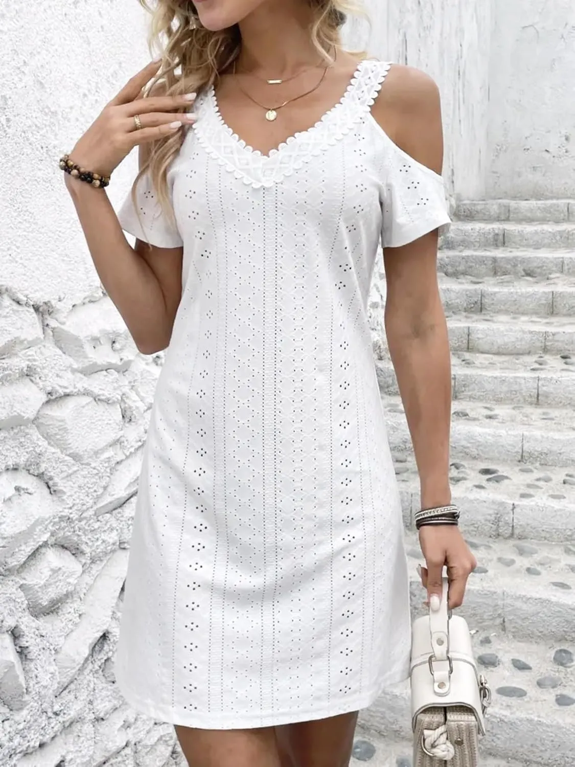 AELSON Womens Sexy Summer V Neck Dress Short Sleeve Off Shoulder Crochet A Line Dresses