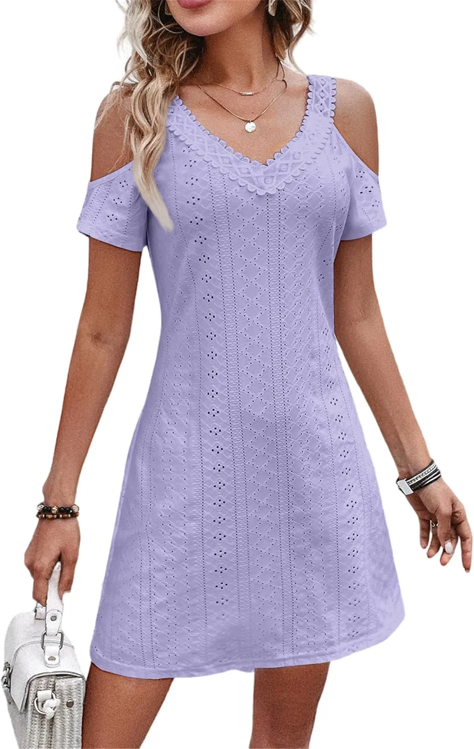 AELSON Womens Sexy Summer V Neck Dress Short Sleeve Off Shoulder Crochet A Line Dresses