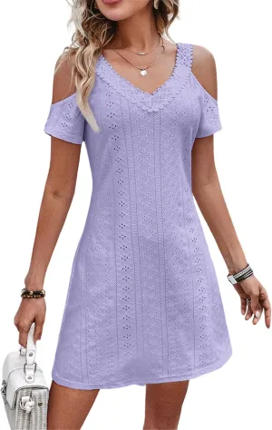 AELSON Womens Sexy Summer V Neck Dress Short Sleeve Off Shoulder Crochet A Line Dresses