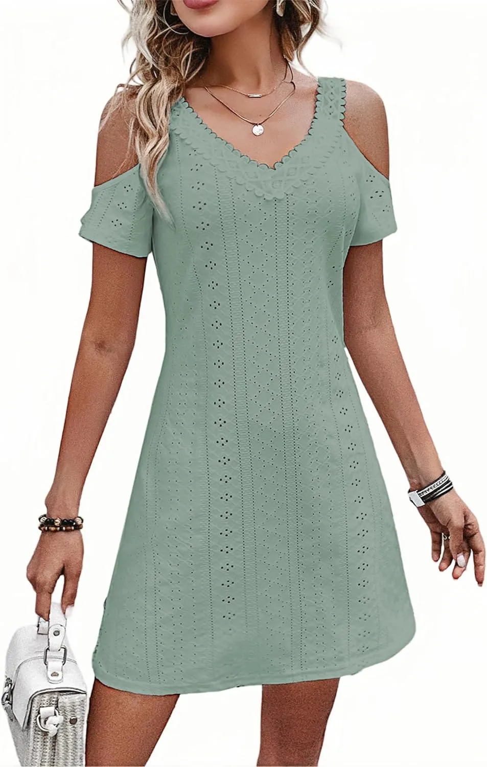 AELSON Womens Sexy Summer V Neck Dress Short Sleeve Off Shoulder Crochet A Line Dresses