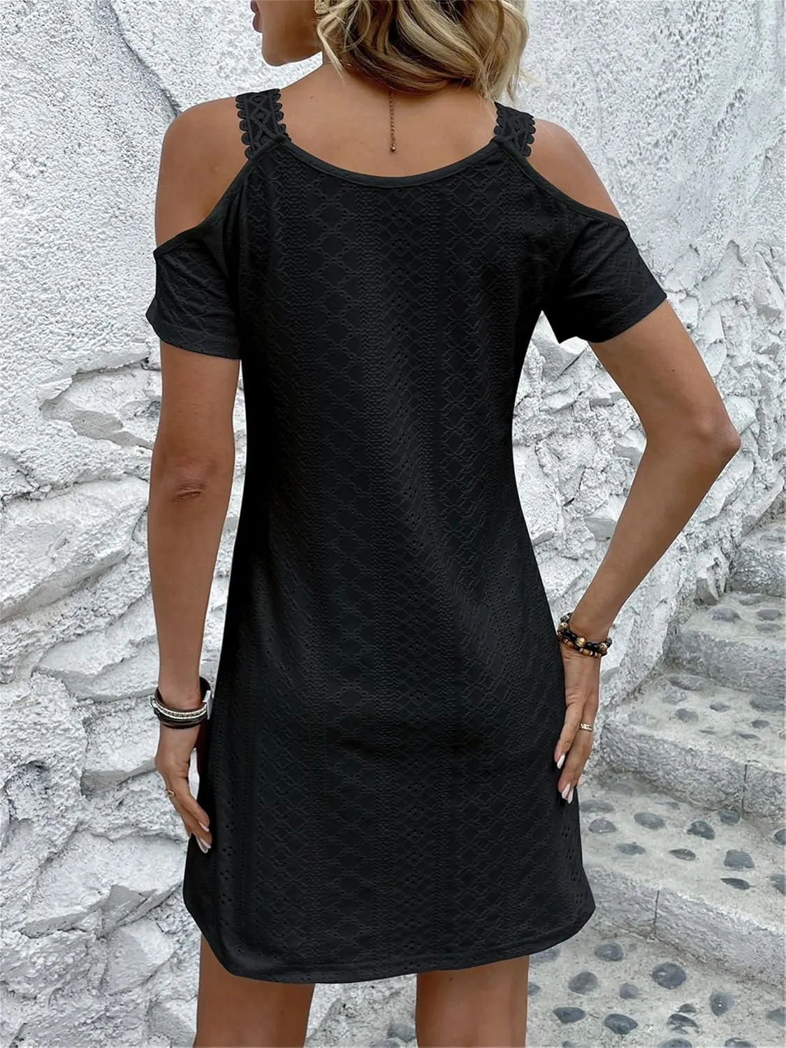 AELSON Womens Sexy Summer V Neck Dress Short Sleeve Off Shoulder Crochet A Line Dresses