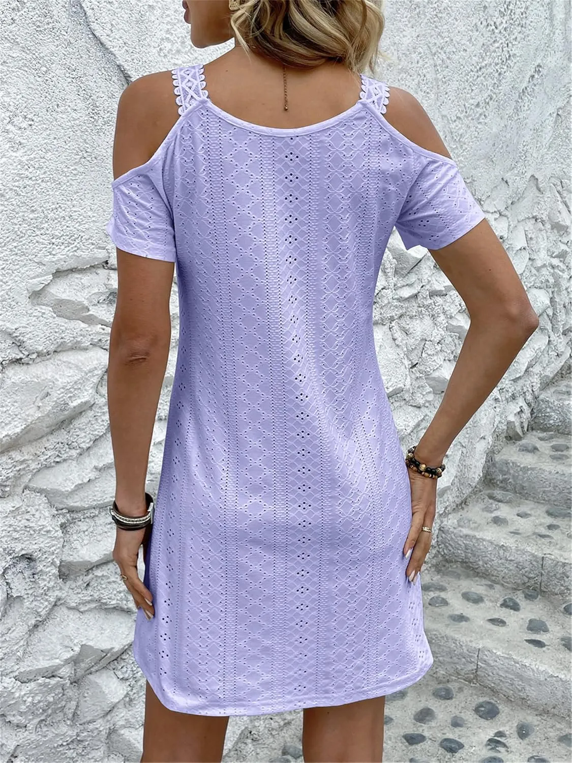 AELSON Womens Sexy Summer V Neck Dress Short Sleeve Off Shoulder Crochet A Line Dresses