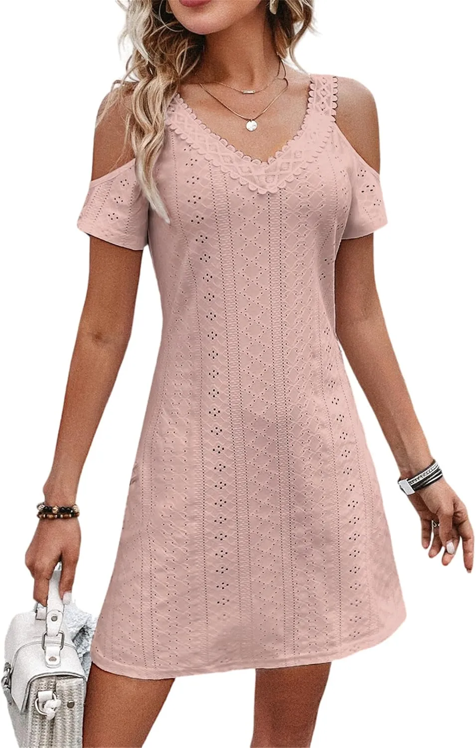 AELSON Womens Sexy Summer V Neck Dress Short Sleeve Off Shoulder Crochet A Line Dresses