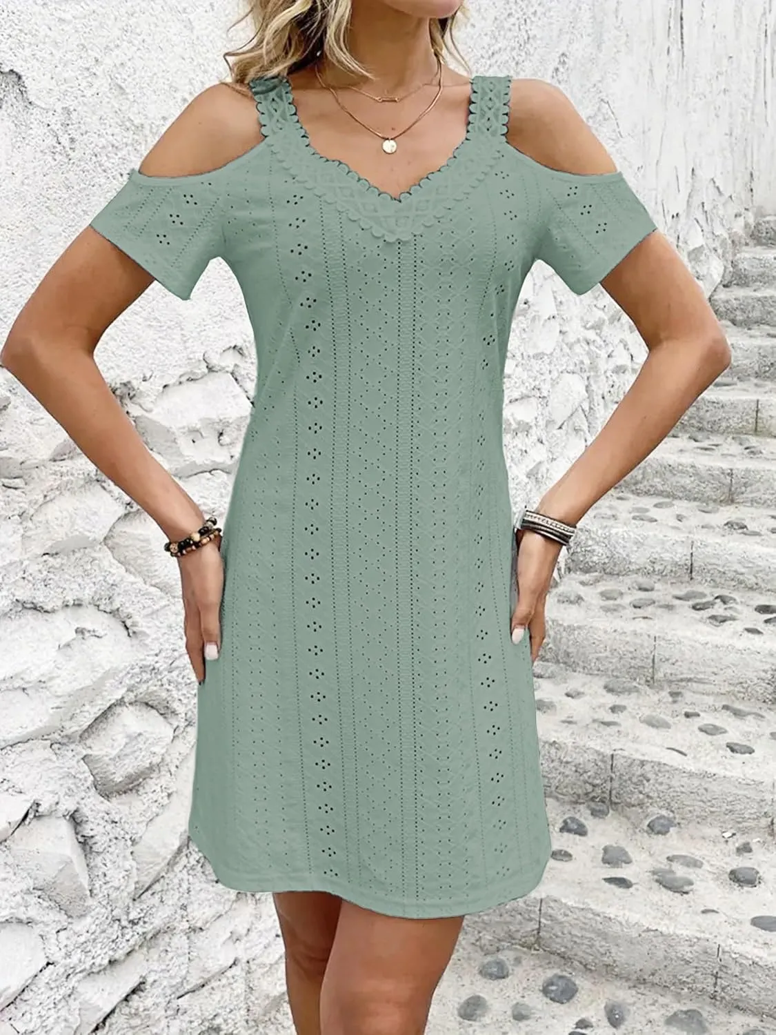 AELSON Womens Sexy Summer V Neck Dress Short Sleeve Off Shoulder Crochet A Line Dresses