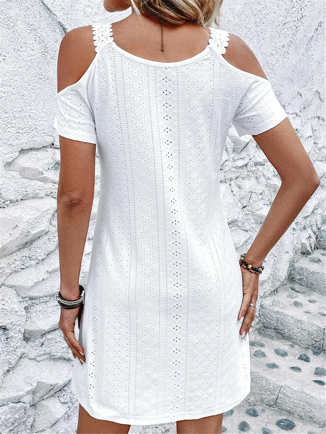 AELSON Womens Sexy Summer V Neck Dress Short Sleeve Off Shoulder Crochet A Line Dresses