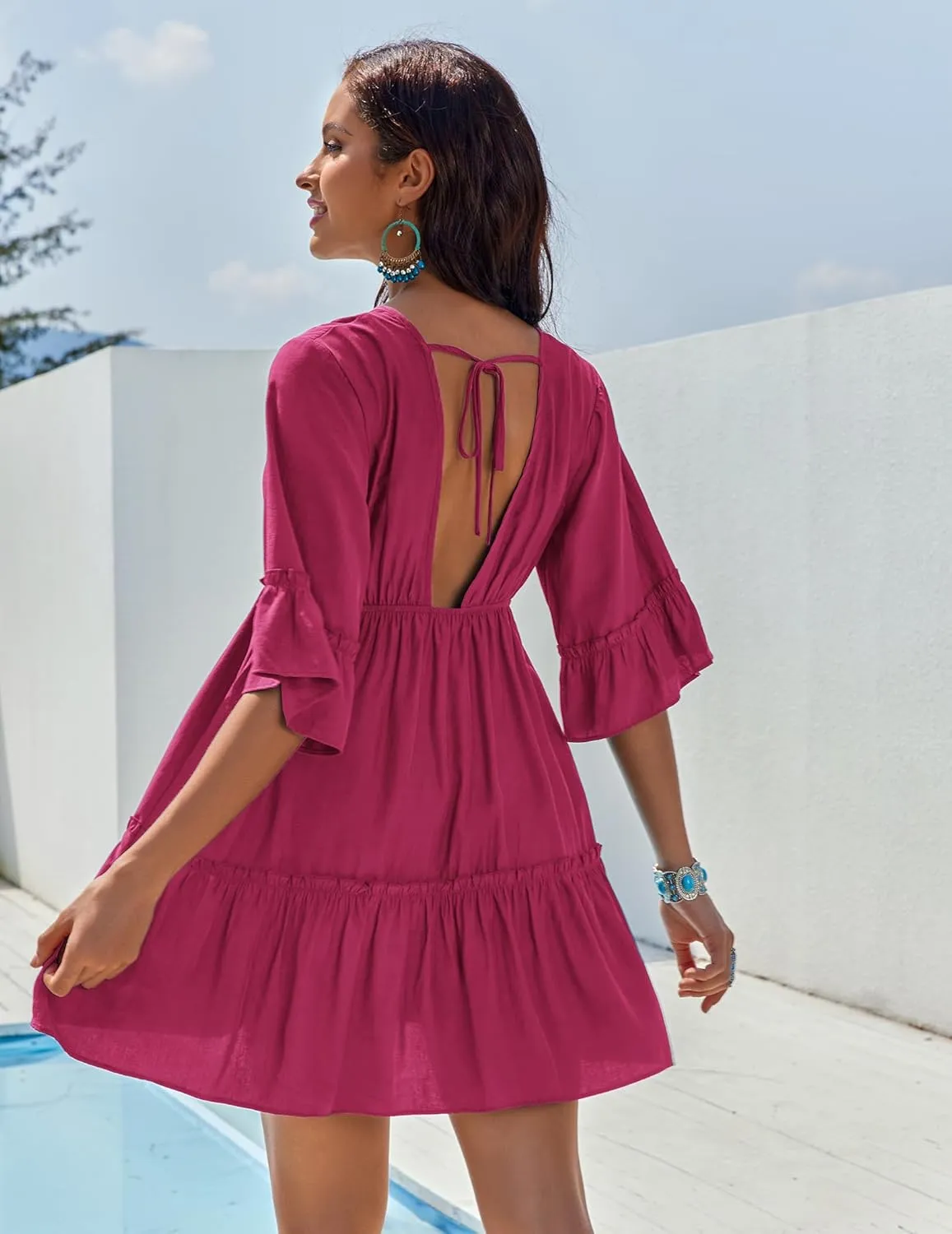 AI'MAGE Women's Swimsuit Cover Ups Dress V Neck Casual Tunic Bathing Suit Beach Mini Dress S-3XL