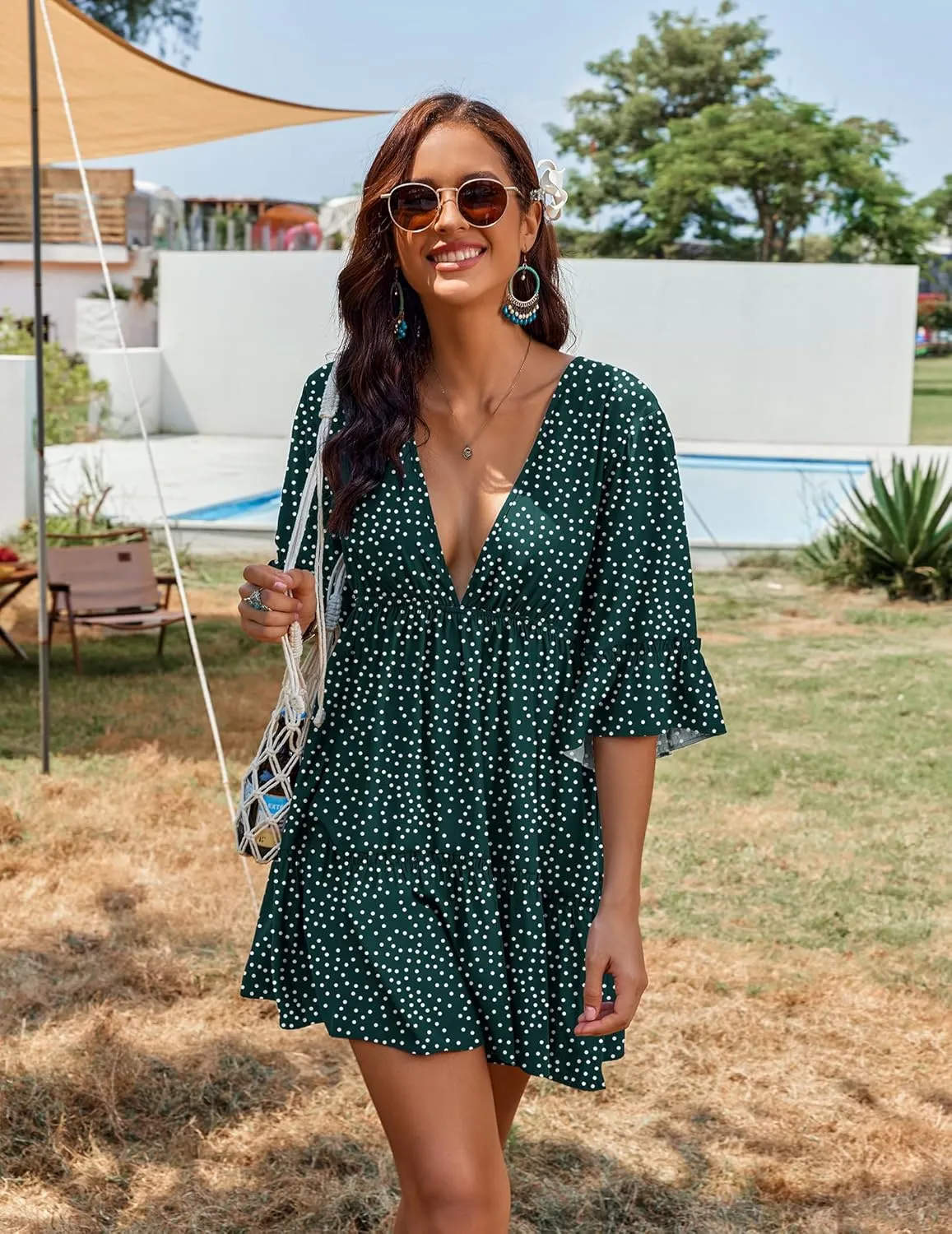 AI'MAGE Women's Swimsuit Cover Ups Dress V Neck Casual Tunic Bathing Suit Beach Mini Dress S-3XL