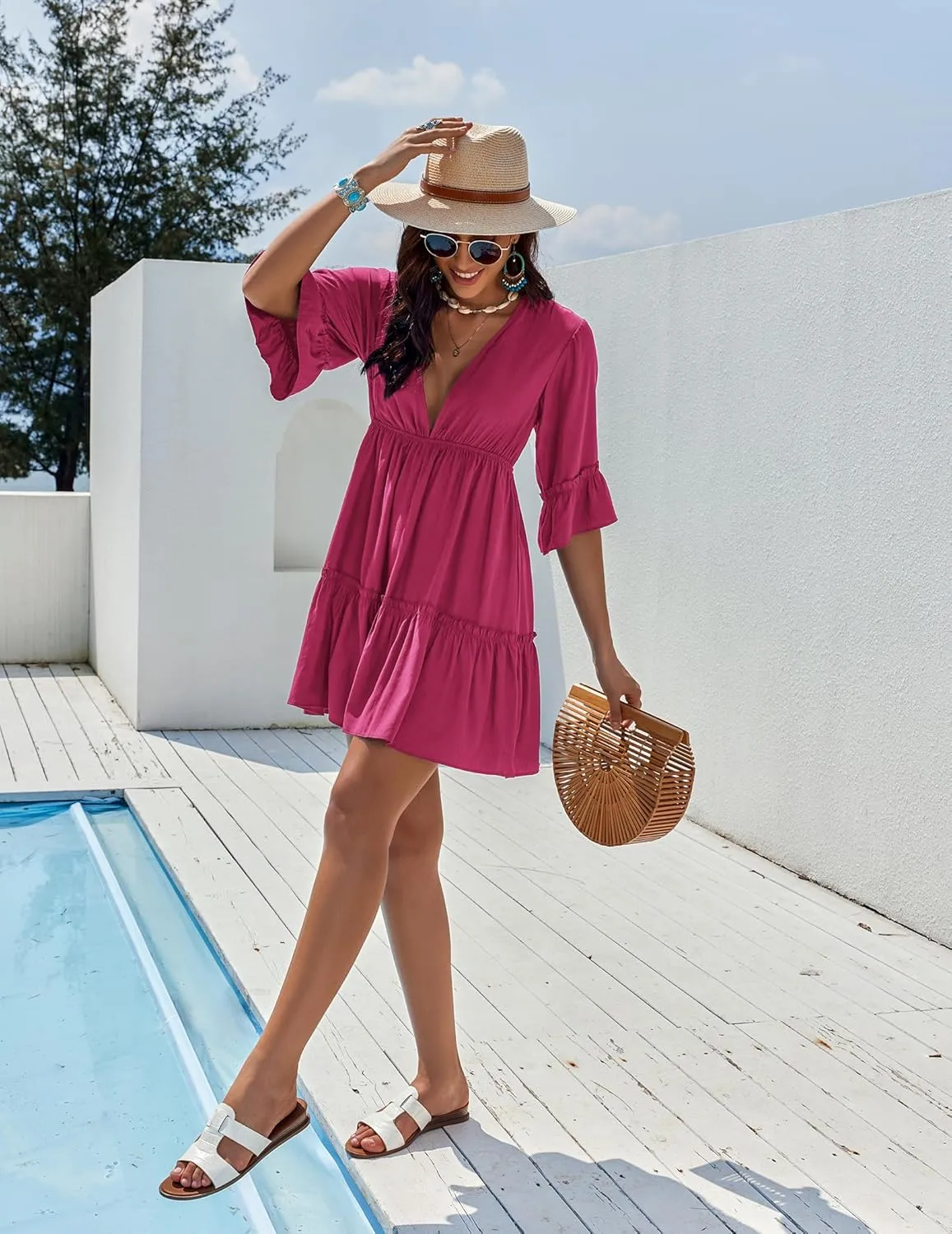 AI'MAGE Women's Swimsuit Cover Ups Dress V Neck Casual Tunic Bathing Suit Beach Mini Dress S-3XL