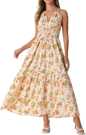 Allegra K Halter Neck Boho Dress for Women's Sleeveless Elastic Waist Floral Maxi Dresses Summer Sundress
