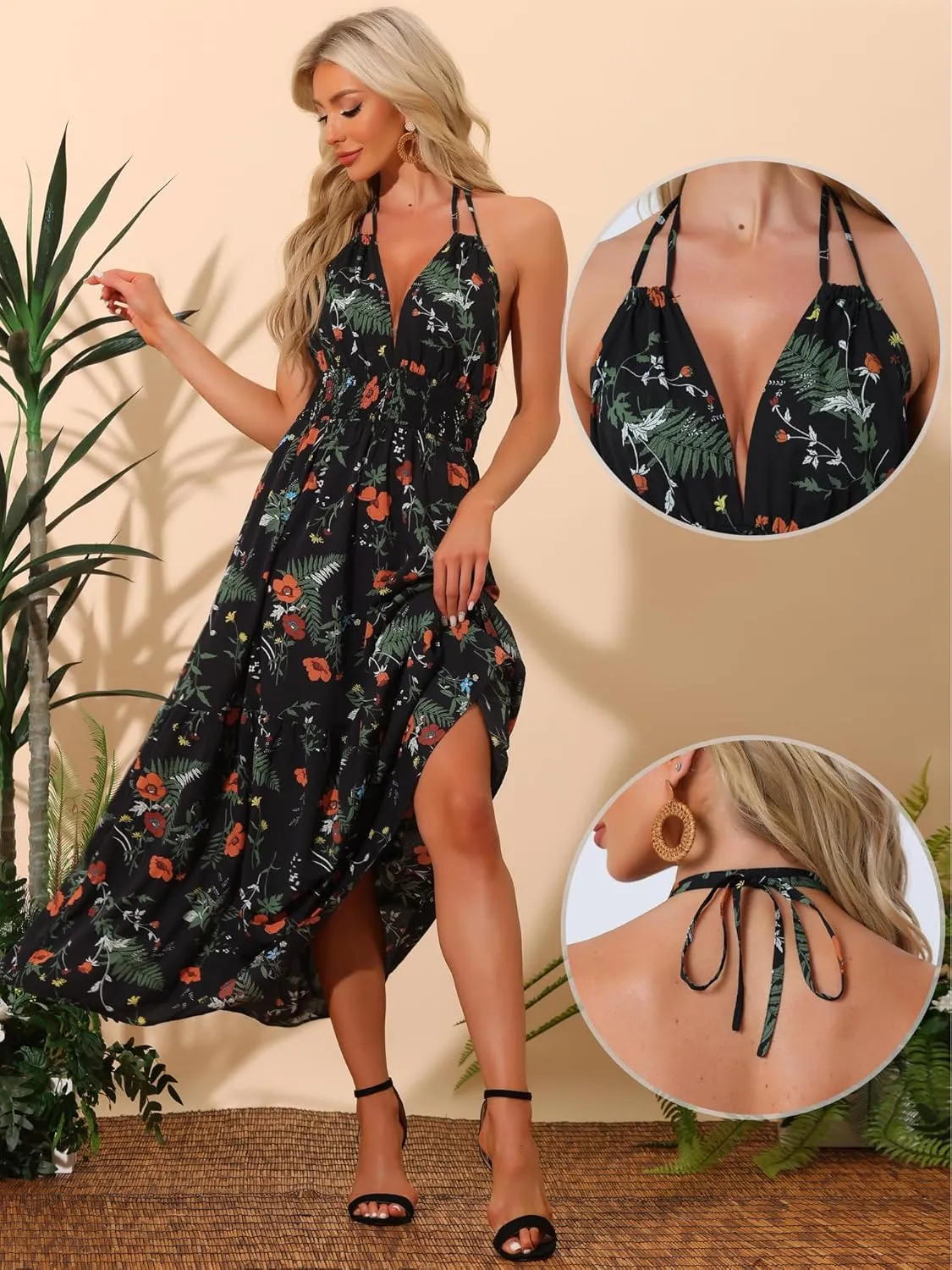 Allegra K Halter Neck Boho Dress for Women's Sleeveless Elastic Waist Floral Maxi Dresses Summer Sundress