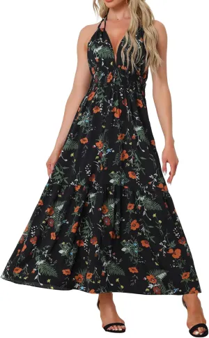Allegra K Halter Neck Boho Dress for Women's Sleeveless Elastic Waist Floral Maxi Dresses Summer Sundress