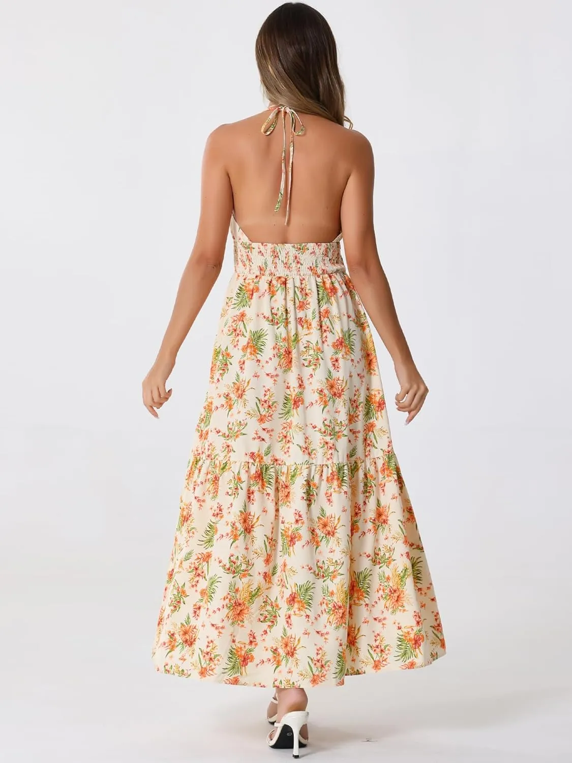 Allegra K Halter Neck Boho Dress for Women's Sleeveless Elastic Waist Floral Maxi Dresses Summer Sundress