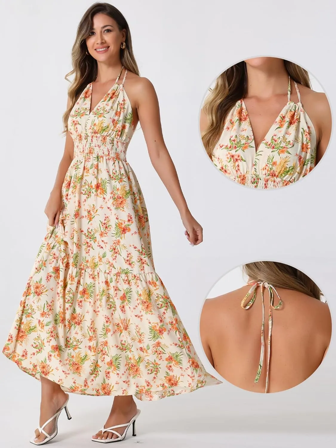 Allegra K Halter Neck Boho Dress for Women's Sleeveless Elastic Waist Floral Maxi Dresses Summer Sundress