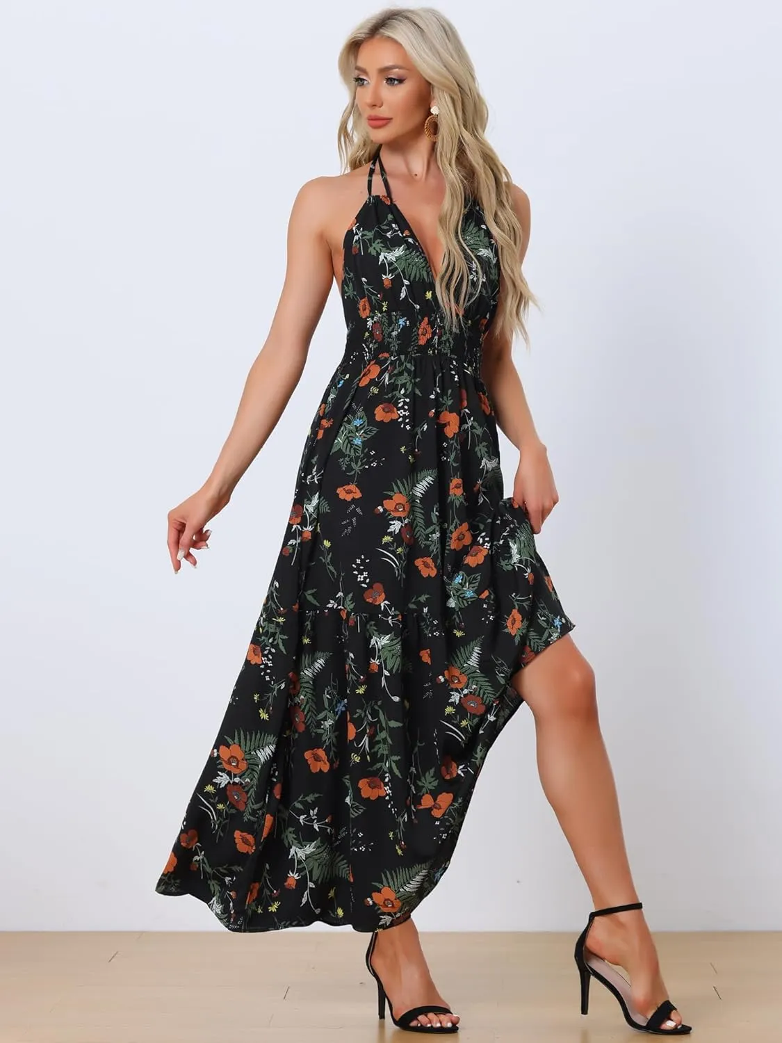 Allegra K Halter Neck Boho Dress for Women's Sleeveless Elastic Waist Floral Maxi Dresses Summer Sundress