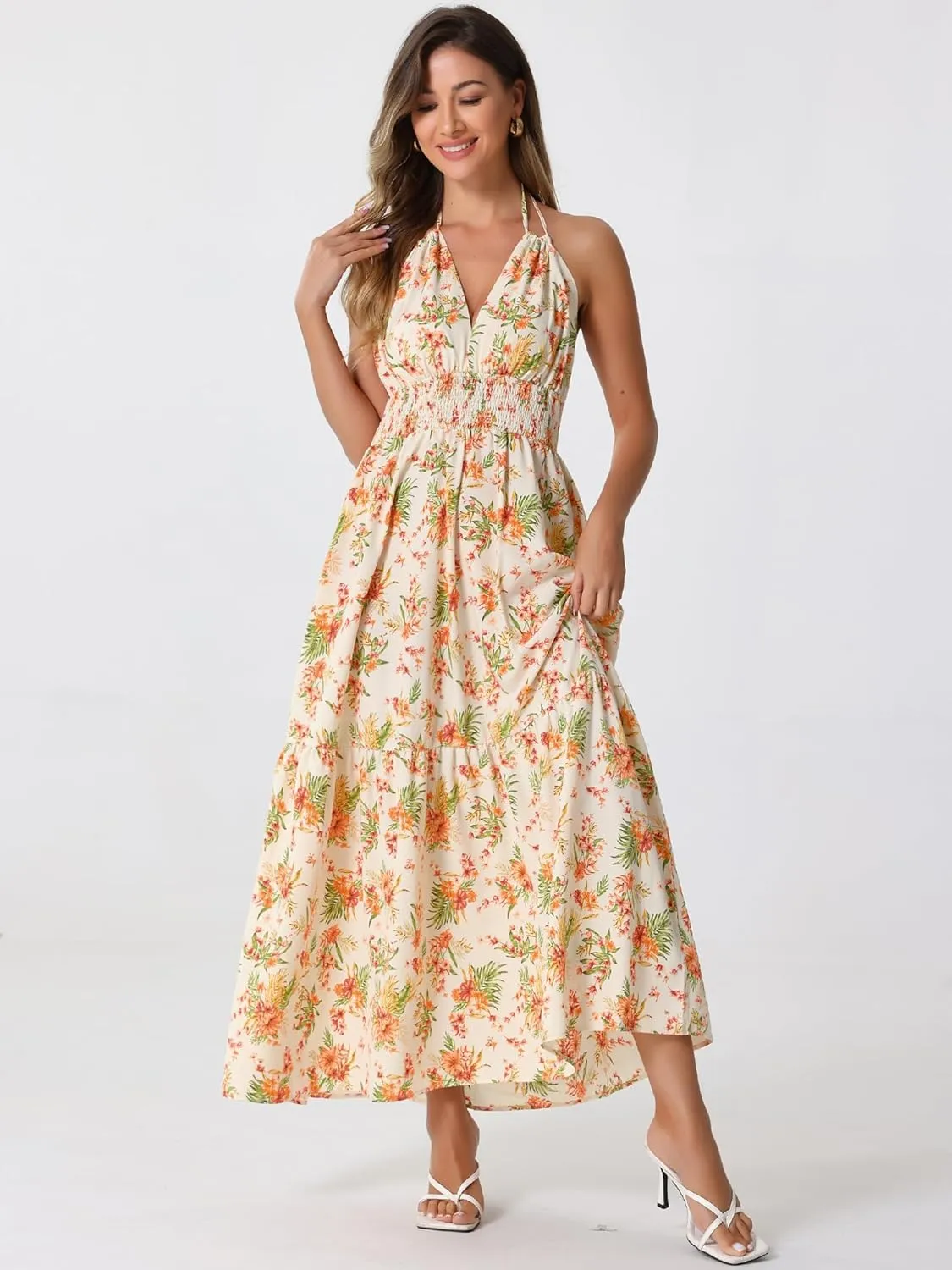 Allegra K Halter Neck Boho Dress for Women's Sleeveless Elastic Waist Floral Maxi Dresses Summer Sundress