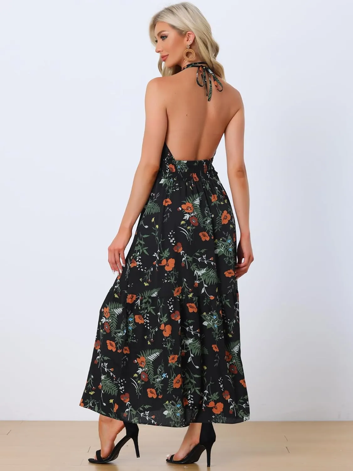 Allegra K Halter Neck Boho Dress for Women's Sleeveless Elastic Waist Floral Maxi Dresses Summer Sundress