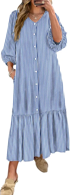 ANRABESS Boho Maxi Dresses for Women Summer Puff Sleeve V Neck Flowy Long Casual Dress with Pockets 2025 Vacation Outfits