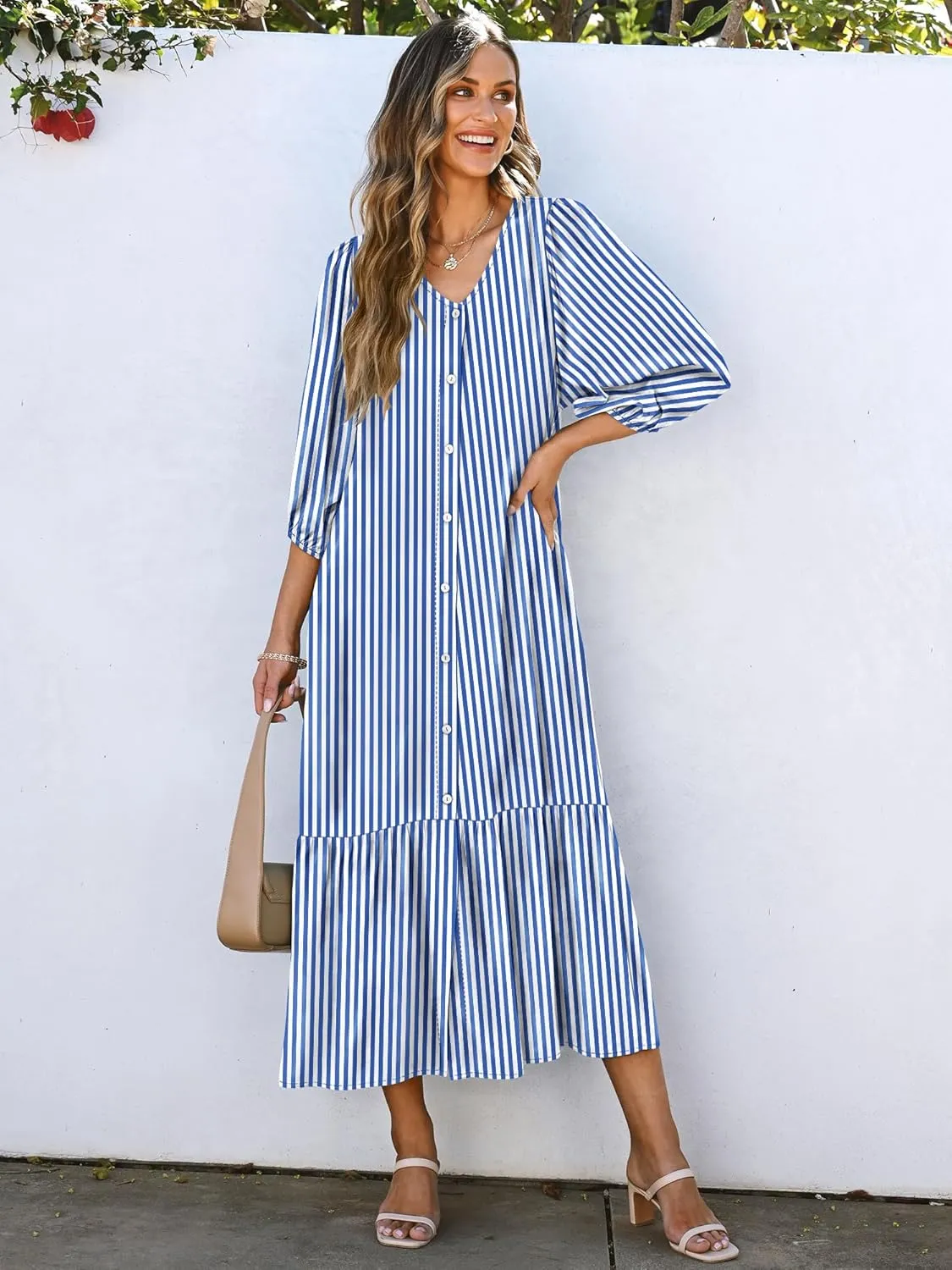ANRABESS Boho Maxi Dresses for Women Summer Puff Sleeve V Neck Flowy Long Casual Dress with Pockets 2025 Vacation Outfits